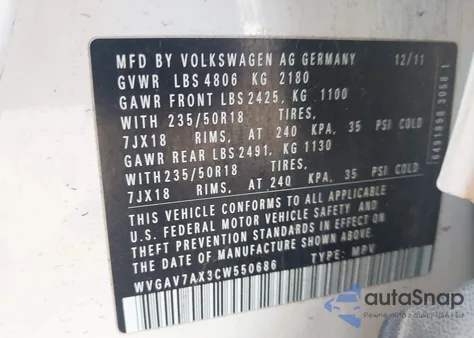 2012 Volkswagen Tiguan Se из США, поврежденный, VIN WVGAV7AX3CW550686